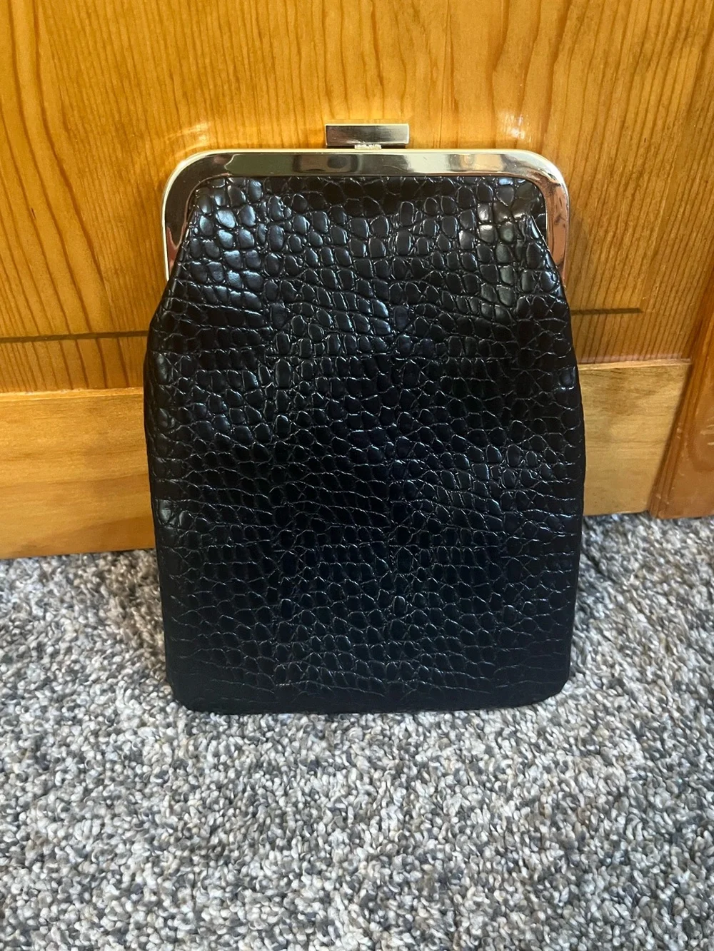 White House Black Market Black Croc-Embossed Frame Wristlet Clutch